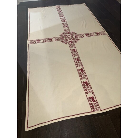 Vintage Christmas Tablecloth Nordic Red Cross Stitch 116x65” Cream Holiday Folk - Picture 15 of 16